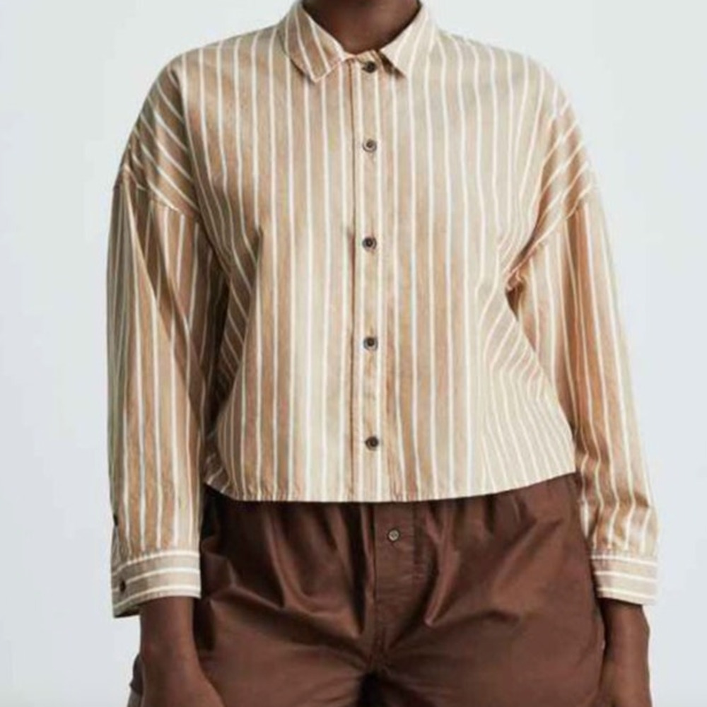 EVERLANE The Woven PJ Top Tan Stripe Size XS NEW Long Sleeve Cropped Collar